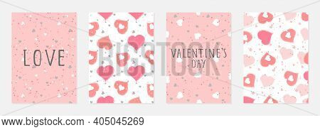 Valentine Day Cards With Watercolor Hearts,  Grunge Elements And Hand Drawn Lettering.