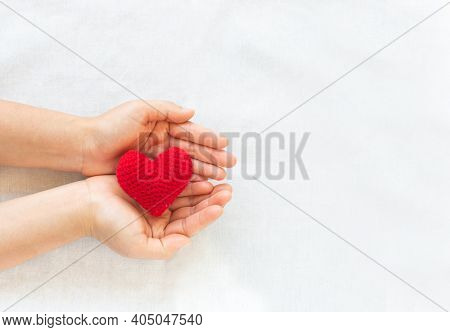 Hands Holding Red Heart On White Isolated Background, Copy Space, Concept Of Love, Hope,healthcare,o
