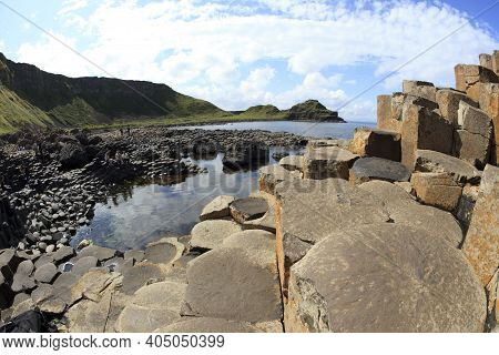 Ulster (ireland), - July 20, 2016: Polygonal Basalt Lava Rock Columns Of The Giant's Causeway On The