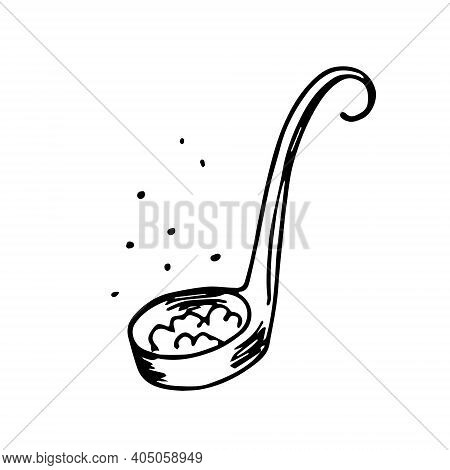 A Large Scoop Spoon With Witchcraft Potion. Magic Elixir Or Soup Is Brewed. Hand Drawn Halloween Ske
