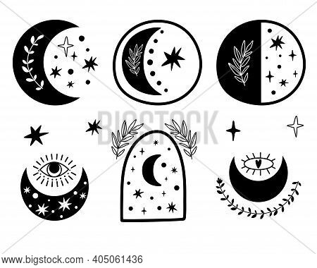 Boho Moon Set. Celestial Moon Logo Collection. Moon And Stars Isolated Elements. Contemporary Aesthe