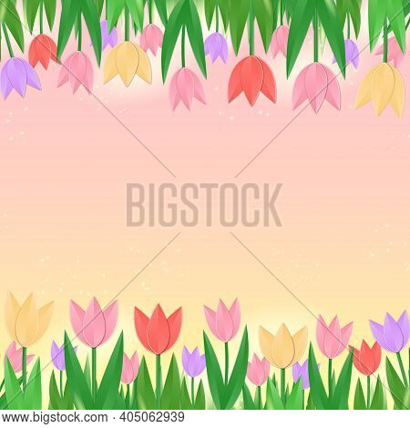 Paper Cut Flowers Tulips Background.  Illustration For Surface Design, Background, Cord, Invitation,