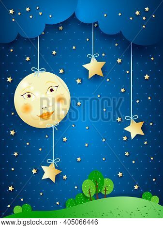 Countryside, Fantasy Illustration At Night. Vector Eps10