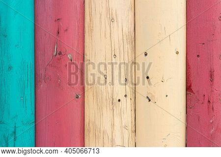 Five Multicolored Red Yellow Turquoise Old Woods With Scratches And Nails