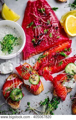 Beetroot And Dill Salmon Gravlax.style Hugge.selective Focus