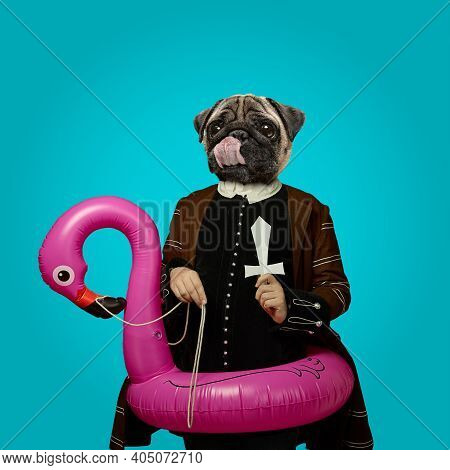 Flamingo. Model Like Medieval Royalty Person In Vintage Clothing Headed By Dog Head On Trendy Blue B