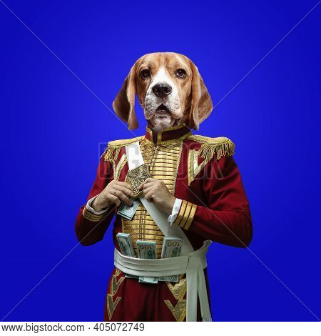 Rich. Model Like Medieval Royalty Person In Vintage Clothing Headed By Dog Head On Deep Blue Backgro