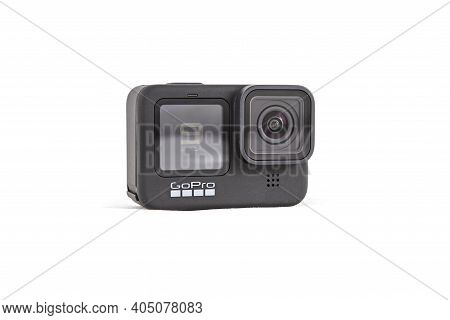Moscow, Russia - Novemner 11, 2020: New Flagship Action Camera Gopro Hero 9 Black. Front View, Isola