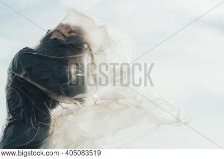 Female Abuse. Defocused Silhouette. Self Isolation Anxiety. Profile Of Frustrated Desperate Woman In