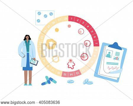 Menstrual Cycle Diagram. Doctor In Lab. Womans Health Concept. Menstruation Phases. Ovum Development