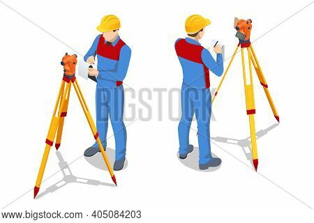 Isometric Surveying Measuring Equipment Level Theodolite On Tripod Isolated On White Background. Pro