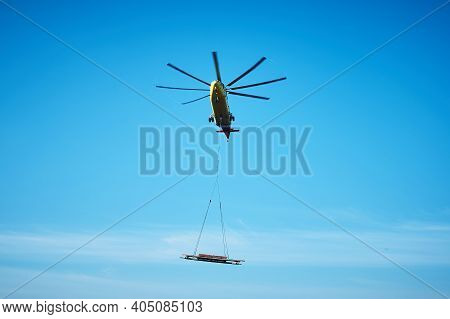 The World's Largest Cargo Helicopter Hovers Overhead. Bottom View.the World's Largest Cargo Helicopt