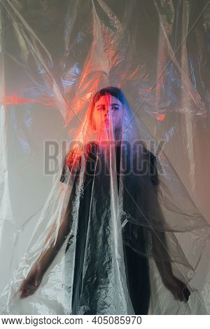 Human Trafficking. Defocused Art Portrait. Forced Labour. Disturbed Victim Woman Standing Still Trap