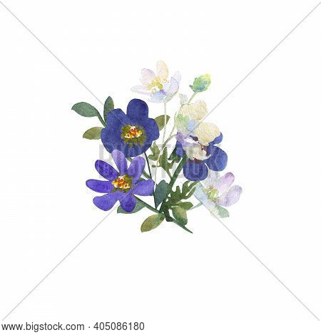 Bouquet Of Blue And White Flowers Hand-painted Watercolor