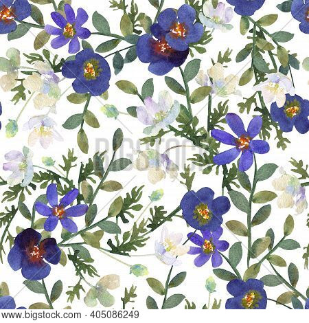 Seamless Pattern Of Blue And White Flowers Hand-drawn Watercolor