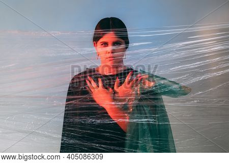 Woman Protection. Defocused Art Portrait. Self Isolation Safety. Abuse Harassment. Disturbed Female 