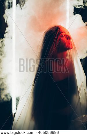 Woman Abuse. Defocused Art Portrait. Self Isolation Protection. Social Pressure. Hopeless Lady With 