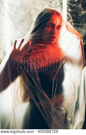 Female Abuse. Defocused Art Portrait. Self Isolation Panic Attack. Fear Anxiety. Scared Insecure Suf