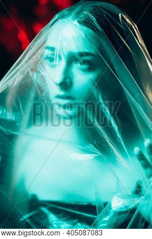 Female Protection. Defocused Art Portrait. Social Isolation. Misconduct Suicide. Terrified Woman Tra