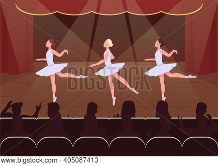 Ballet Dance Evening Flat Color Vector Illustration. Beautiful Perfomance Event. Goregous Laddies Da
