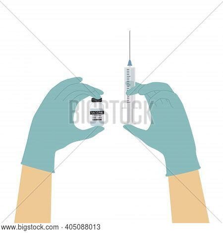 Covid-19 Vaccine Concept. Hands With Medical Gloves Holding Coronavirus Vaccine Vial And Plastic Syr