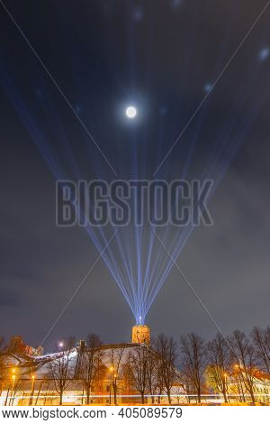 Vilnius, Lithuania - January 25, 2021: Vilnius Main Symbol, Gediminas Castle Illuminated For 698 Cit