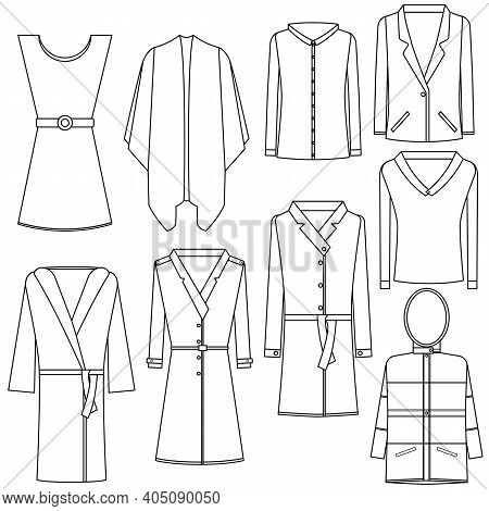 Womens Clothing Set Icons. Transparent And Outline Vector Icons. Illustrations On White Background.