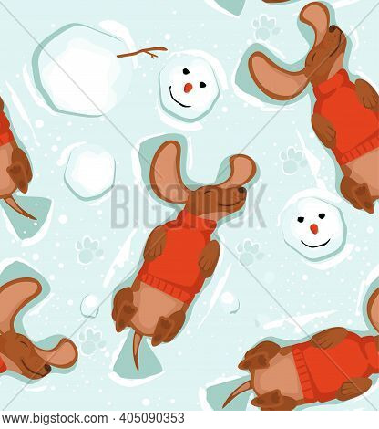 Pattern Happy Dachshund Dog And Snowman Lies In The Snow, Top View.