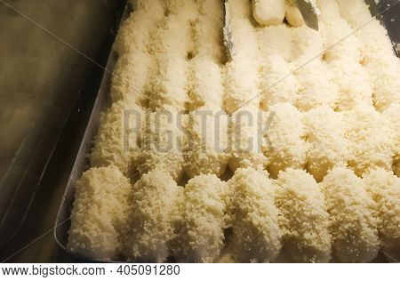 Indian Milk Made White Sweets In Sweet Shop At Bagdogra, West Bengal, India.