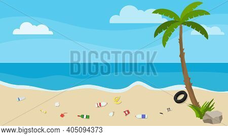 Ecological Catastrophy. Beach Pollution With Household Waste. Vector Illustration. Vector.