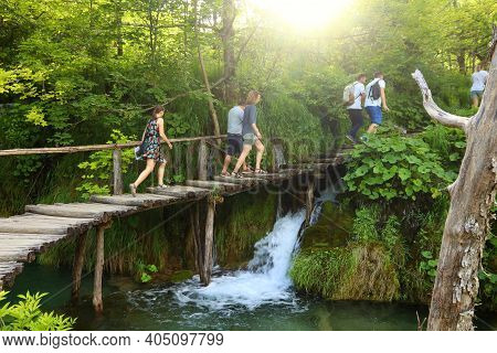 Plitvice, Croatia - June 15, 2019: People Visit Plitvice Lakes National Park (plitvicka Jezera) In C