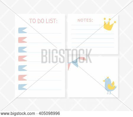 Childish To Do List, Cute Notebook Sheets, Planner, Cards, Notes, Organizer Design In Pasterl Colors