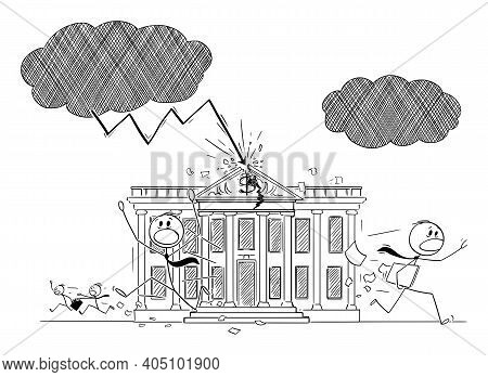 Bank Building Hit By Lightning During Storm, Bankers And Businessmen Are Running In Panic, Concept O