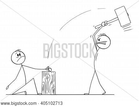 Stressed Man Is Holding Nail, While His Colleague With Big Hammer Is Trying To Drive Or Knock It, Co