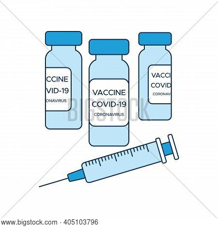 Concept Covid-19 Vaccination, Three Bottles Of Vaccine And A Syringe, A Medical Poster In Shades Of 