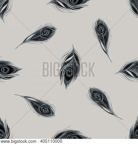 Seamless Pattern With Hand Drawn Stylized Peacock Feathers Stock Illustration