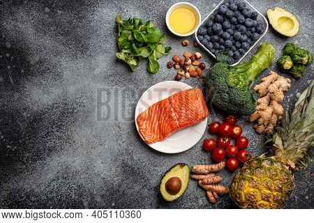 Anti Inflammatory Diet Concept. Set Of Foods That Help To Reduce Inflammation - Plant Based Ingredie