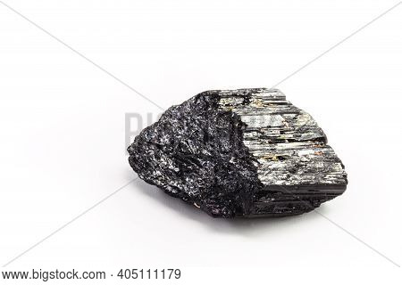 Brazilian Black Tourmaline, Isolated Over White Background. Decorative Esoteric Crystal With Mystica