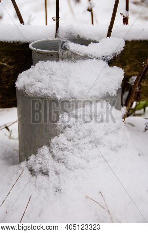 Winter. Aluminum Milk Container In The Snow. Milk Can In The Snow.