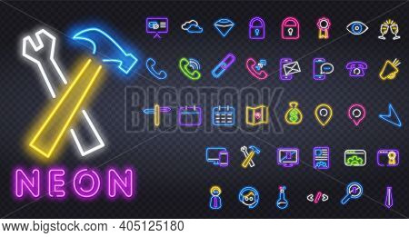 Business Icon Set Neon Sign, Symbol. Shop Colored Banner. Phone Communication Neon Signs Collection.