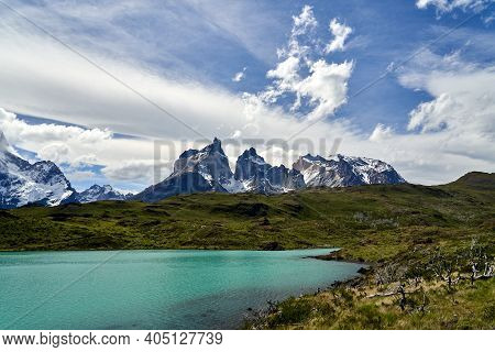Cuernos, Horns Of Torres Del Paine Covered With Snow At Torres Del Paine National Park In The Andes 