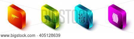 Set Isometric Revolver Gun, Saloon Door, Hexagram Sheriff And Gun Powder Barrel Icon. Vector