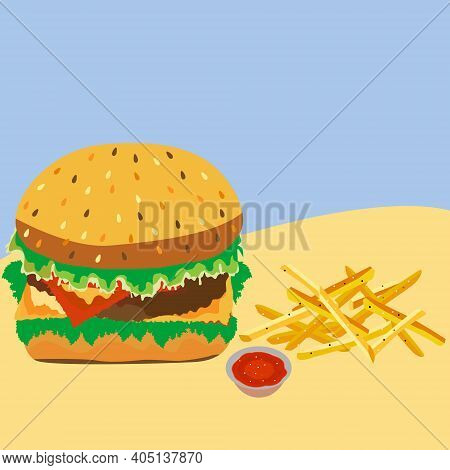 Vector Illustration Of A Hamburger With Fries And Sauce