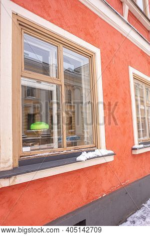Finland, Helsinki. January 26, 2021 Windows And Facade Of An Old Building In Helsinki. Close-up. Hig