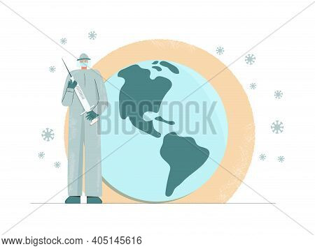 Global Vaccination Immunization Concept. Doctor Carrying Big Syringe Injecting. Prevention, Cure And