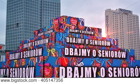 Warsaw, Poland. 26 January 2021. Big Multimedia Structure Shaped As A Pyramid Made With Screens Leds