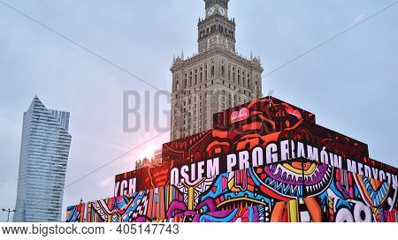 Warsaw, Poland. 26 January 2021. Big Multimedia Structure Shaped As A Pyramid Made With Screens Leds