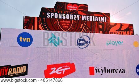 Warsaw, Poland. 26 January 2021. Big Multimedia Structure Shaped As A Pyramid Made With Screens Leds