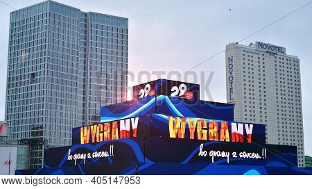 Warsaw, Poland. 26 January 2021. Big Multimedia Structure Shaped As A Pyramid Made With Screens Leds
