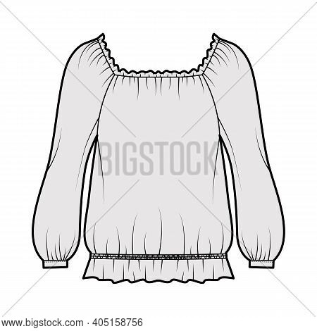 Peasant Blouse Technical Fashion Illustration With Bouffant Long Sleeves, Gathered Wide Scoop And He
